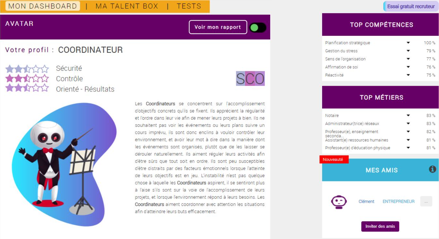 AVATAR - dashboard - test de personnalité